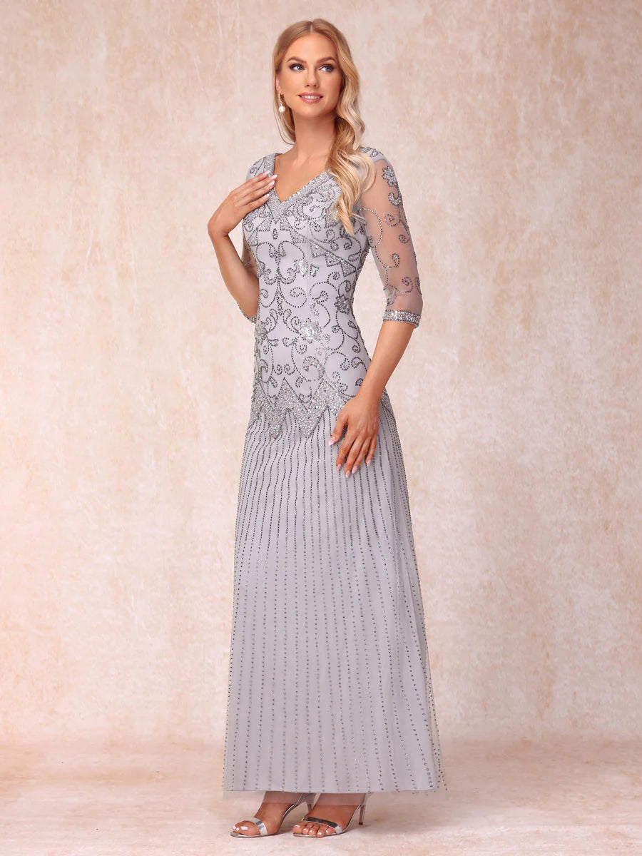 Sheath/Column V-Neck 3/4 Sleeves Long Formal Evening Dresses With Beading