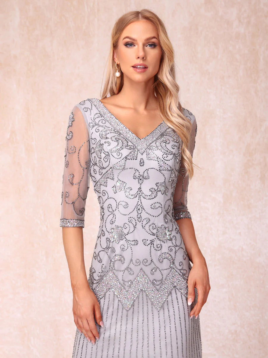 Sheath/Column V-Neck 3/4 Sleeves Long Formal Evening Dresses With Beading