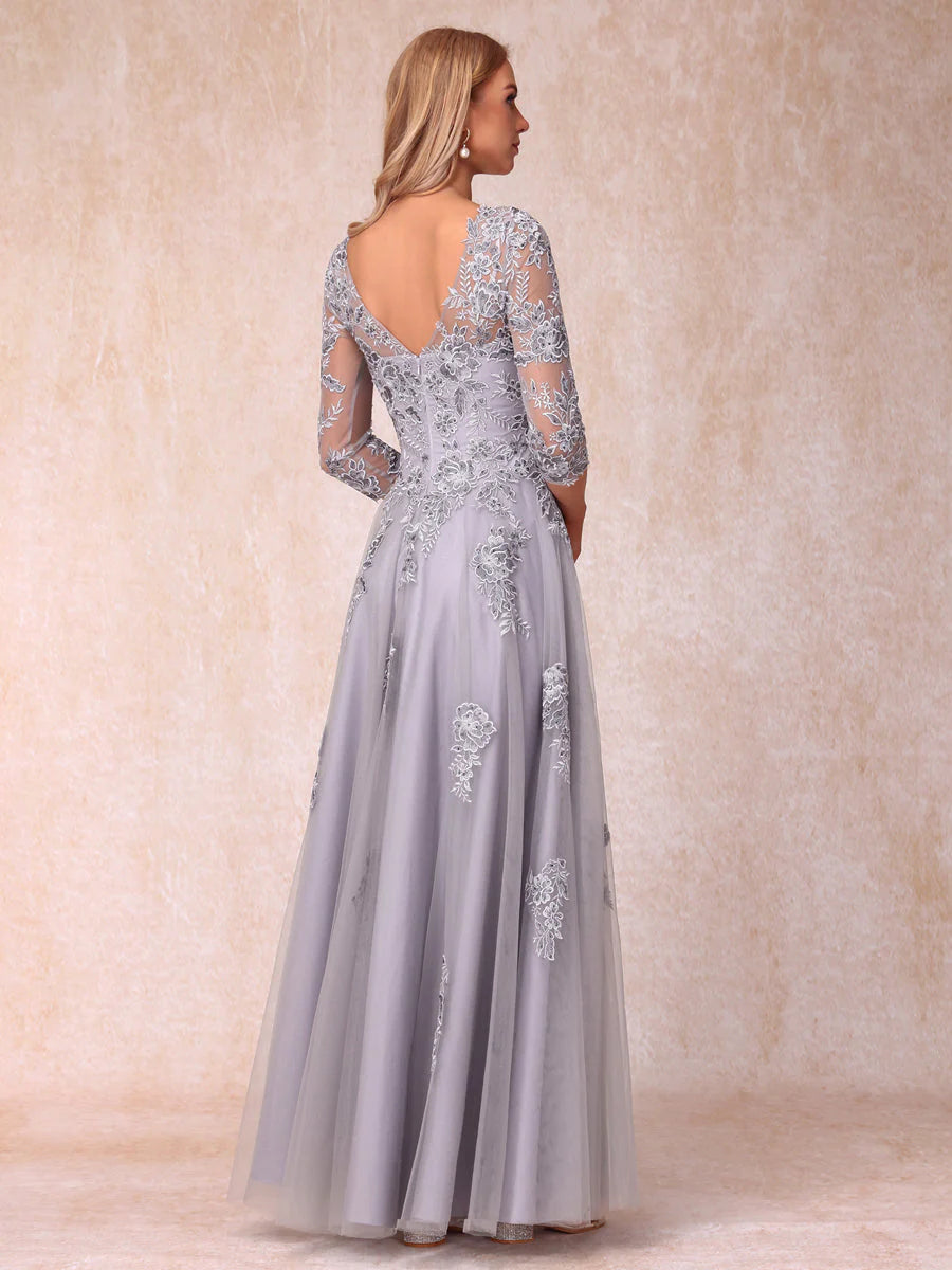 A-Line/Princess Sheer Neck Half Sleeves Long Formal Evening Dresses With Beading