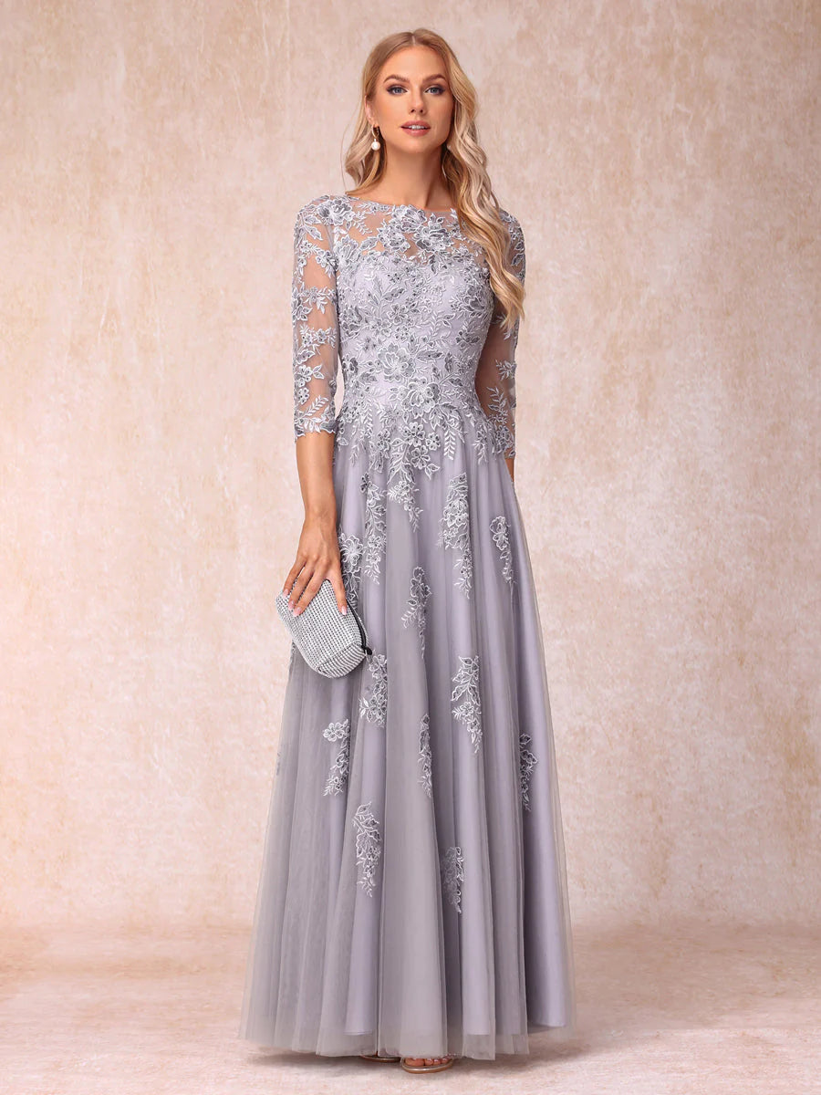 A-Line/Princess Sheer Neck Half Sleeves Long Formal Evening Dresses With Beading