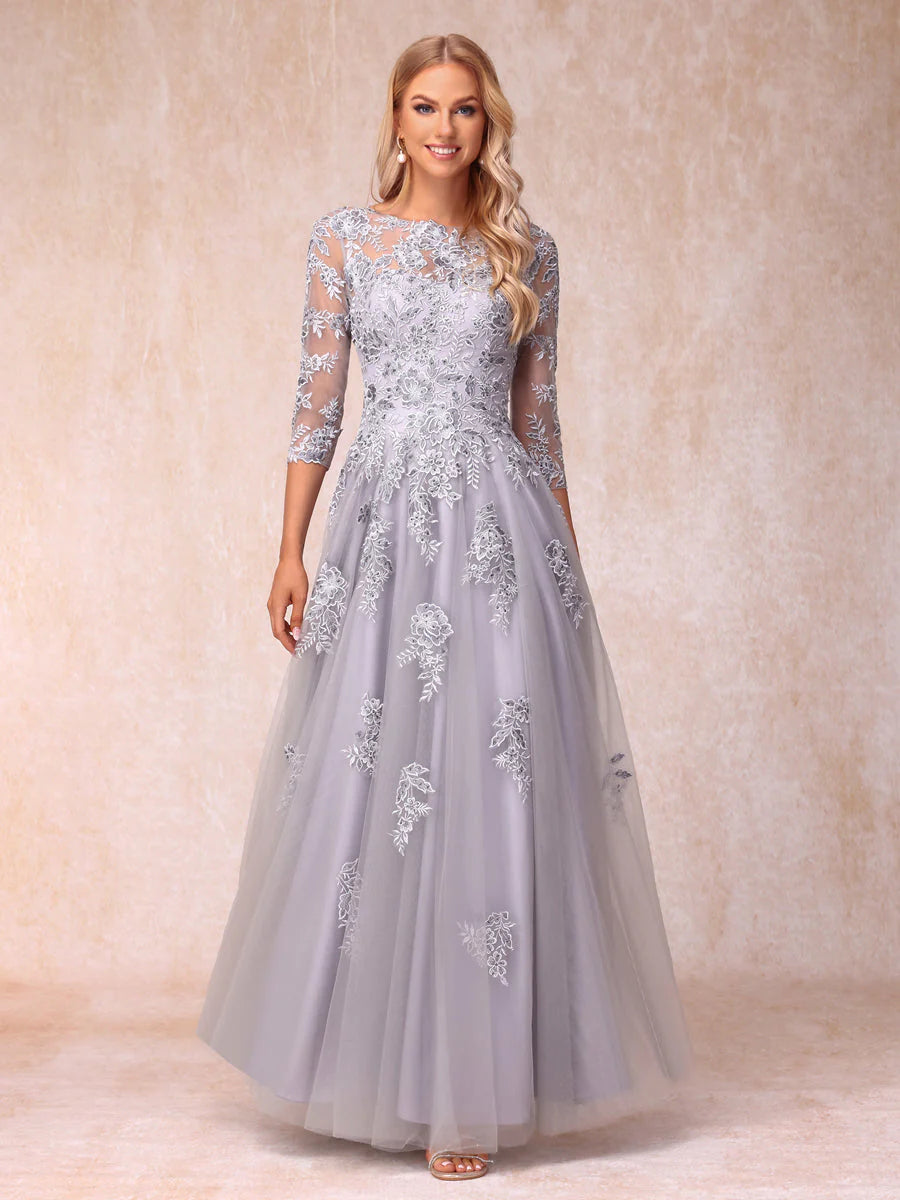 A-Line/Princess Sheer Neck Half Sleeves Long Formal Evening Dresses With Beading
