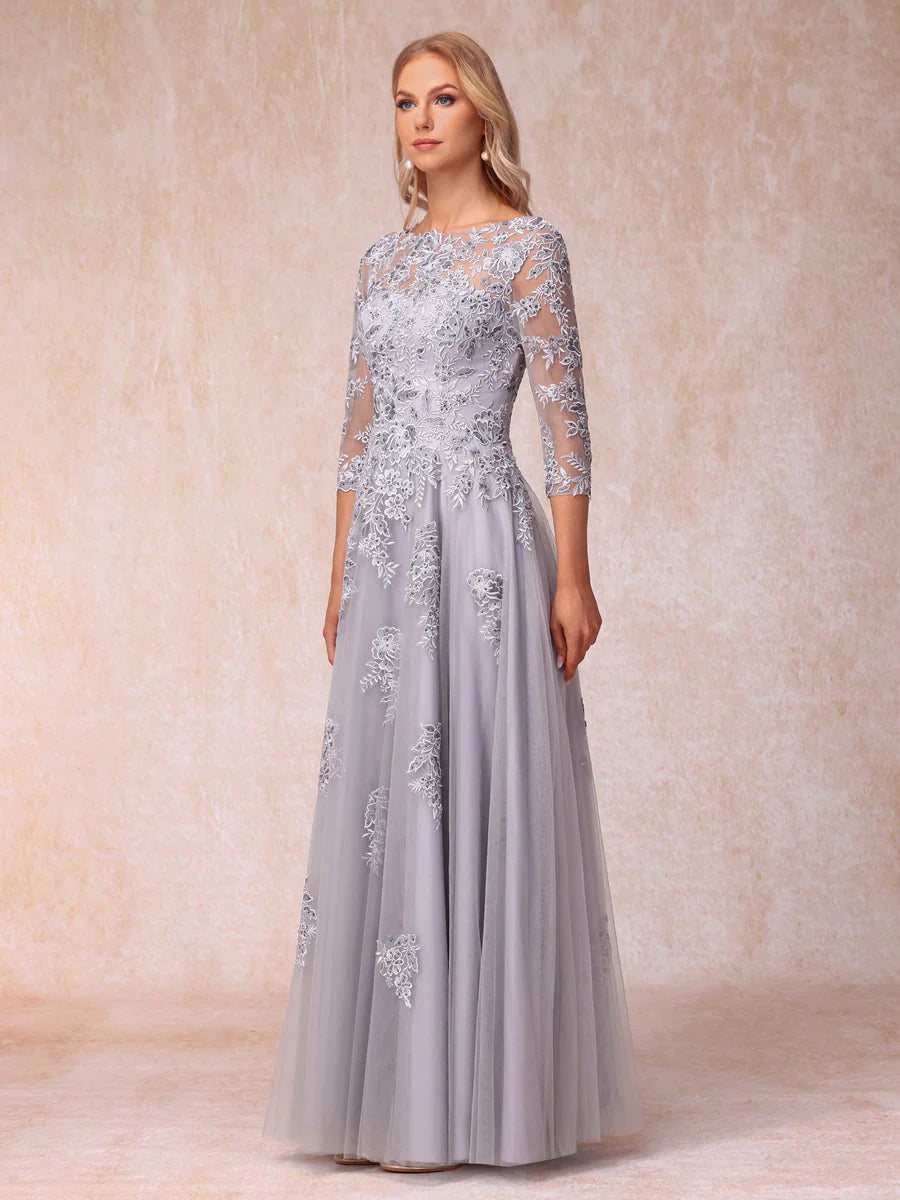 A-Line/Princess Sheer Neck Half Sleeves Long Formal Evening Dresses With Beading