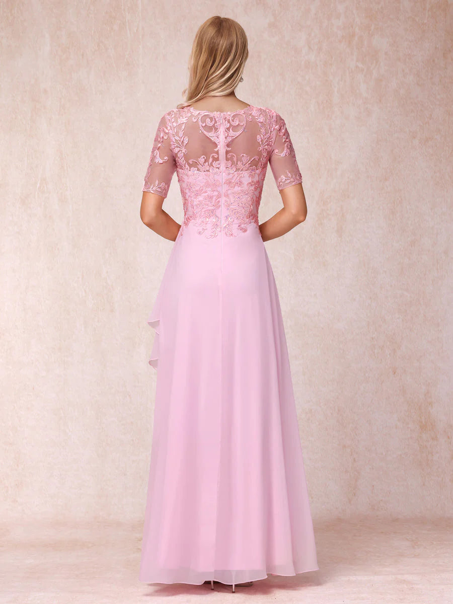 A-Line/Princess V-Neck Short Sleeves Long Formal Evening Dresses With Appliques