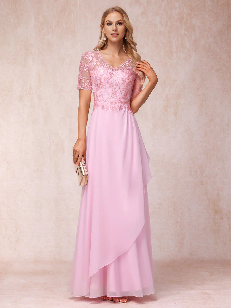 A-Line/Princess V-Neck Short Sleeves Long Formal Evening Dresses With Appliques
