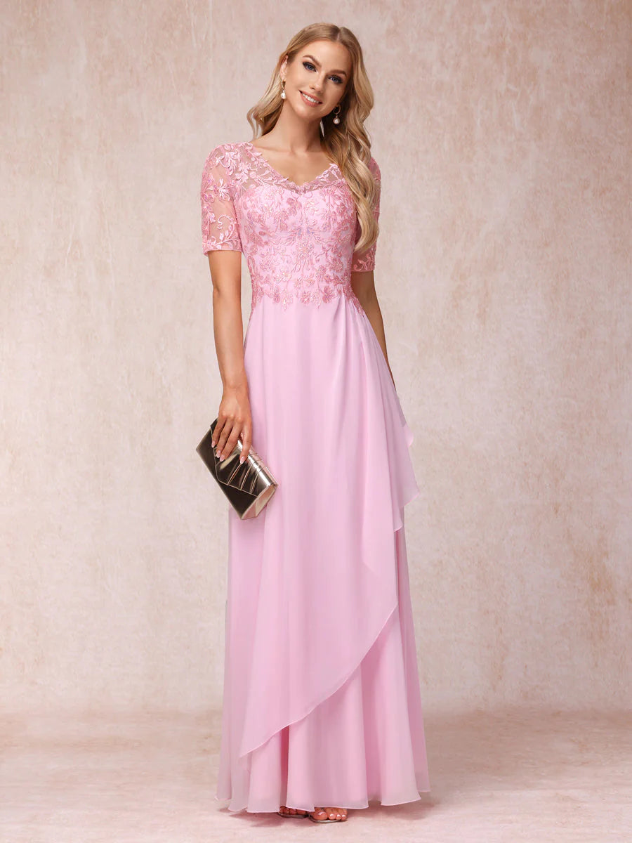 A-Line/Princess V-Neck Short Sleeves Long Formal Evening Dresses With Appliques