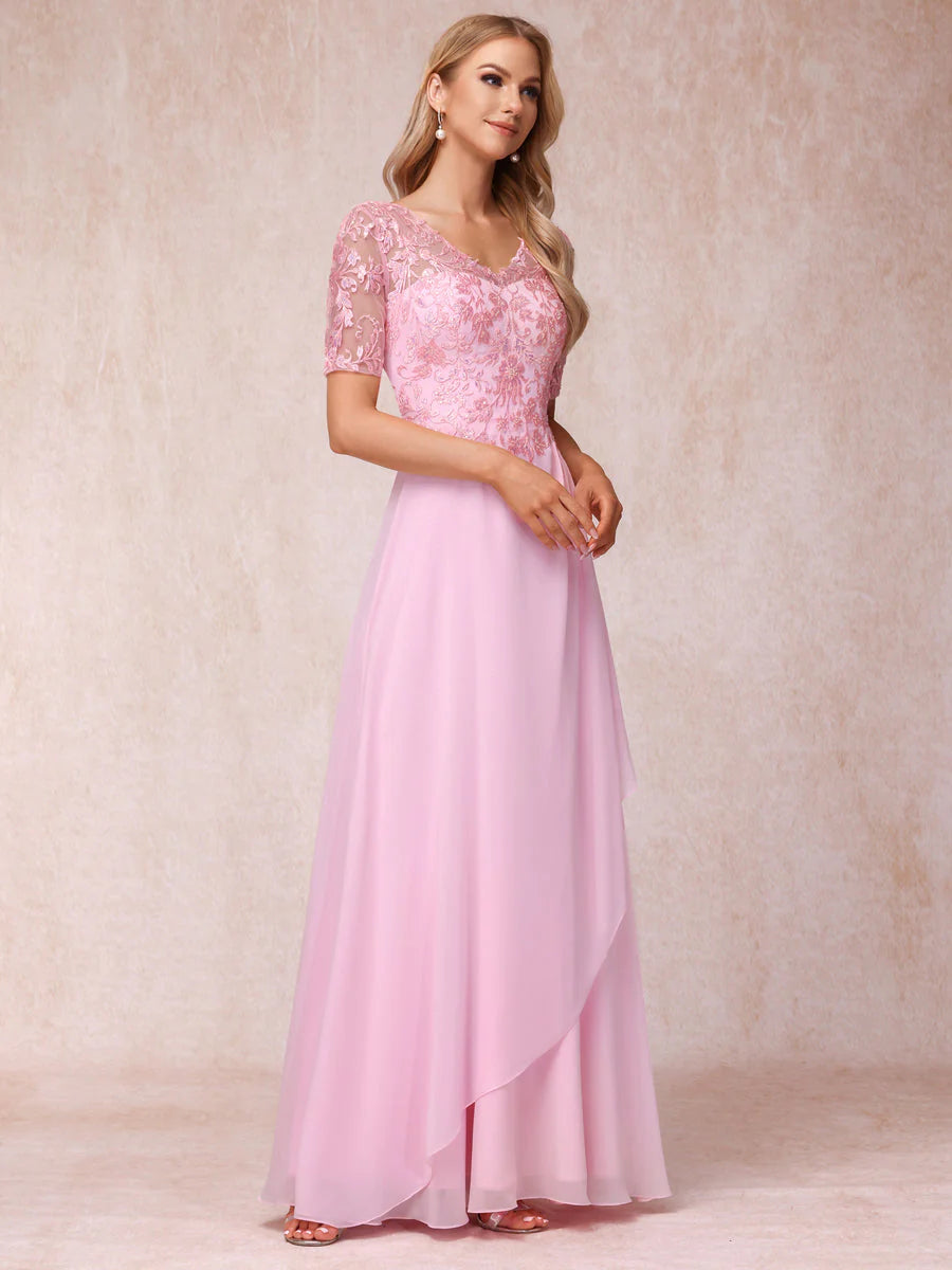 A-Line/Princess V-Neck Short Sleeves Long Formal Evening Dresses With Appliques