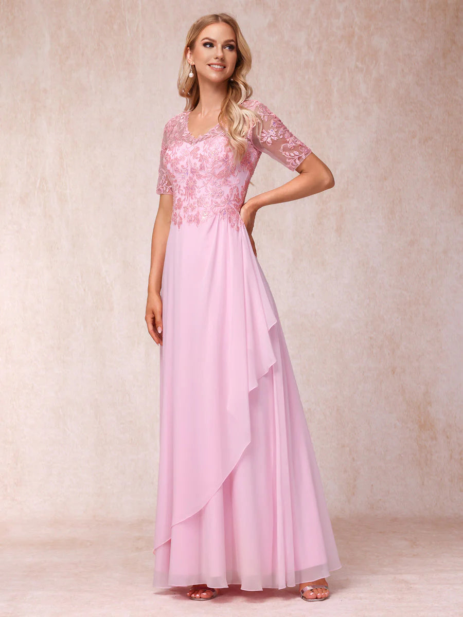 A-Line/Princess V-Neck Short Sleeves Long Formal Evening Dresses With Appliques