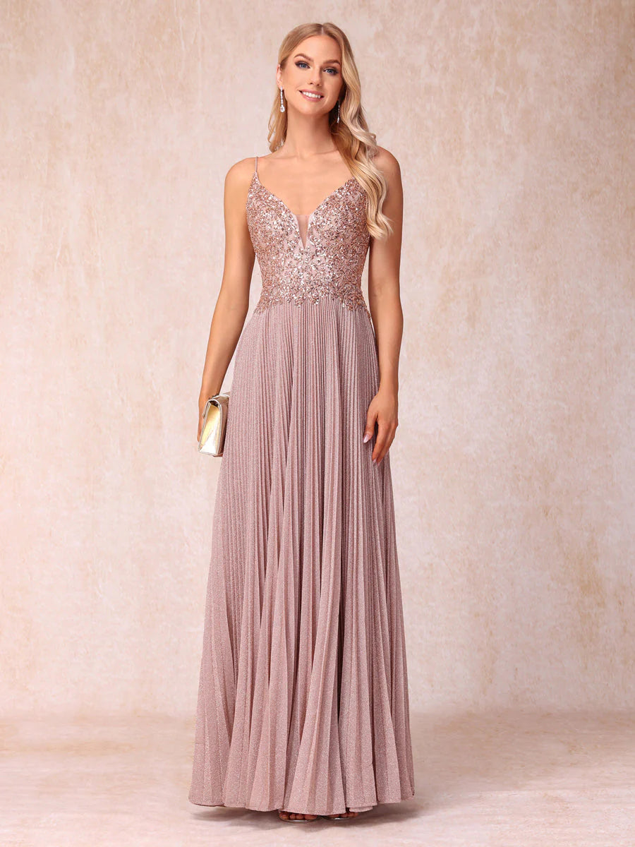 A-Line/Princess Spaghetti Straps Sleeveless Long Formal Evening Dresses With Sequins
