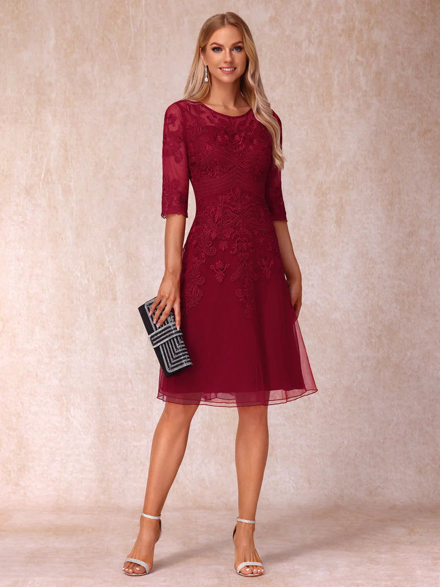 A-Line/Princess Sheer Neck Half Sleeves Short Formal Evening Dresses With Appliques