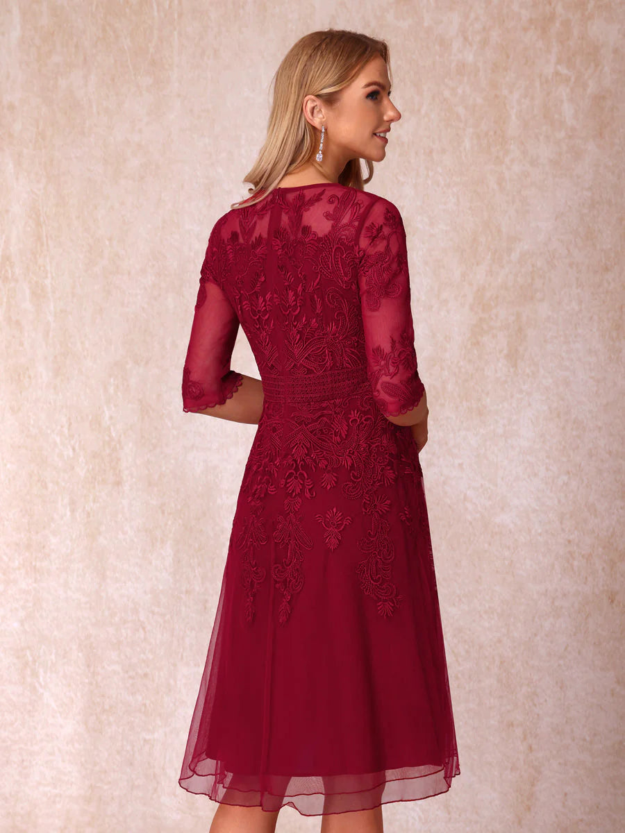 A-Line/Princess Sheer Neck Half Sleeves Short Formal Evening Dresses With Appliques
