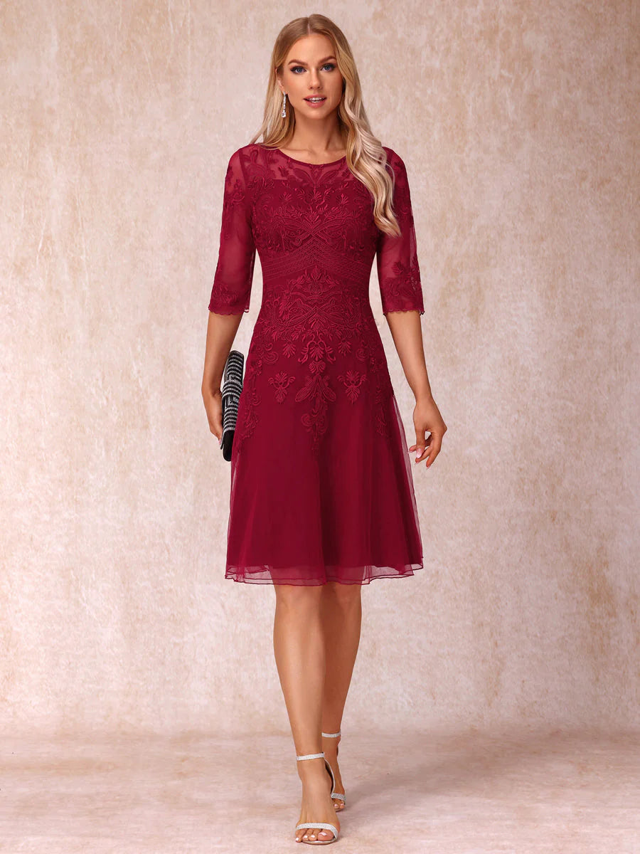 A-Line/Princess Sheer Neck Half Sleeves Short Formal Evening Dresses With Appliques