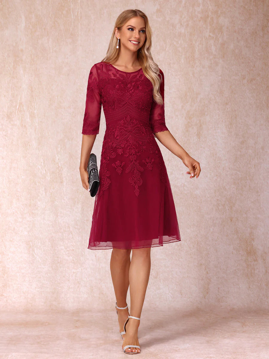 A-Line/Princess Sheer Neck Half Sleeves Short Formal Evening Dresses With Appliques