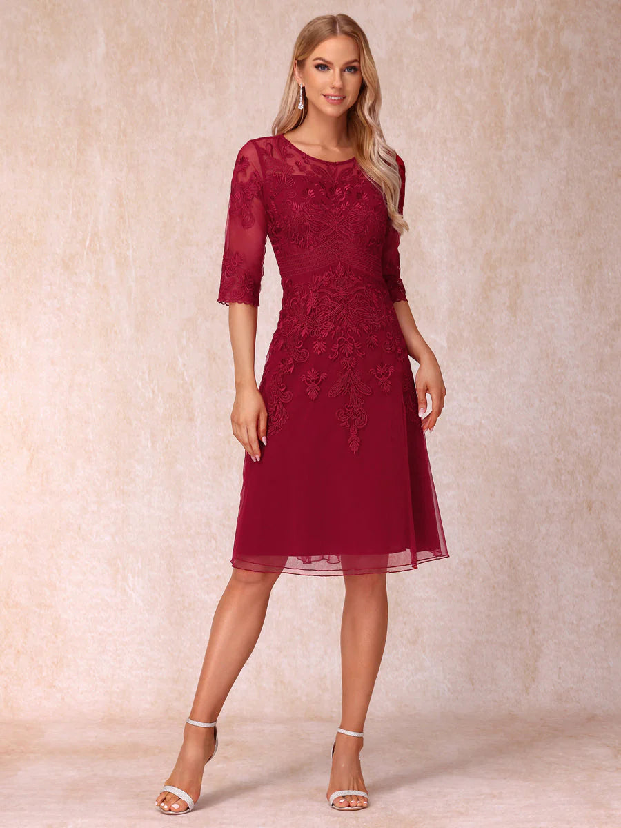 A-Line/Princess Sheer Neck Half Sleeves Short Formal Evening Dresses With Appliques