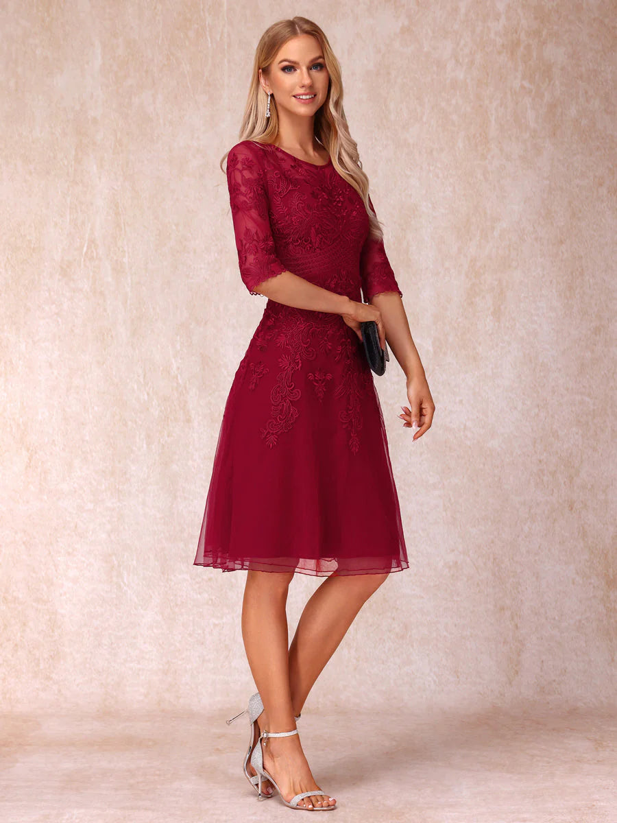 A-Line/Princess Sheer Neck Half Sleeves Short Formal Evening Dresses With Appliques