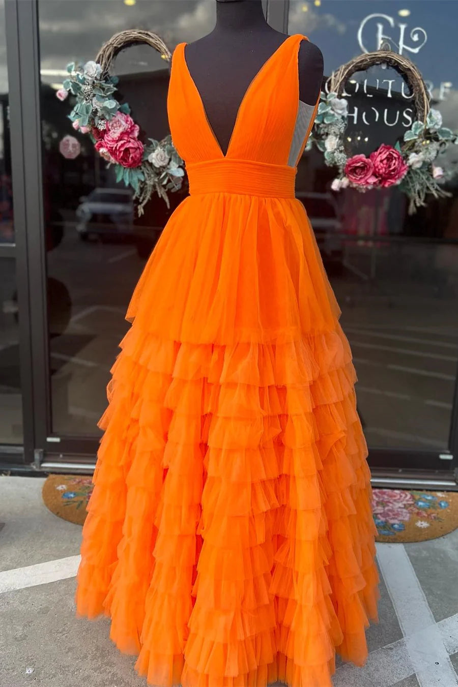 Lavender Plunge Neck A-Line Long Prom Dress