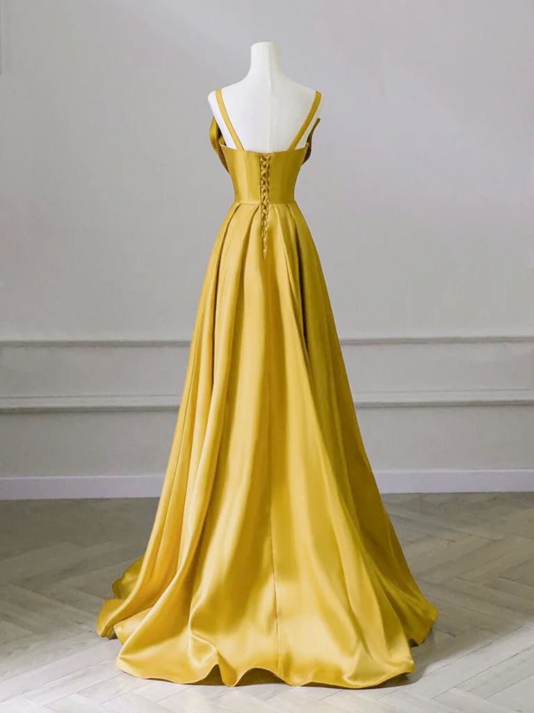 A-Line Sweetheart Neck Satin Yellow Long Prom Dress