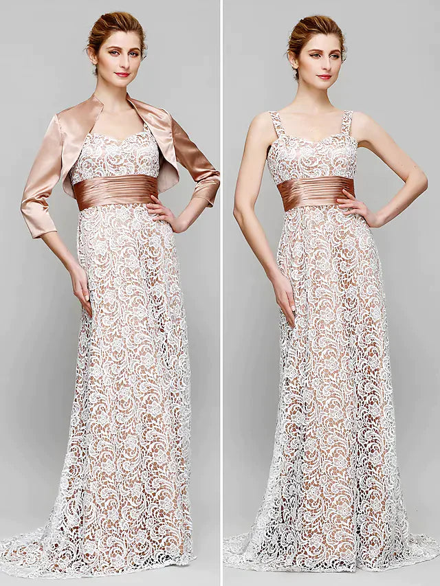 Mother of the Bride Dress Convertible Dress Straps Lace Charmeuse Length Sleeve with Lace Ruched