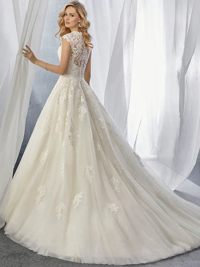 DingjiBall Gown Wedding Dresses Sweetheart Neckline Chapel Train Lace Tulle Regular Straps with Appliques