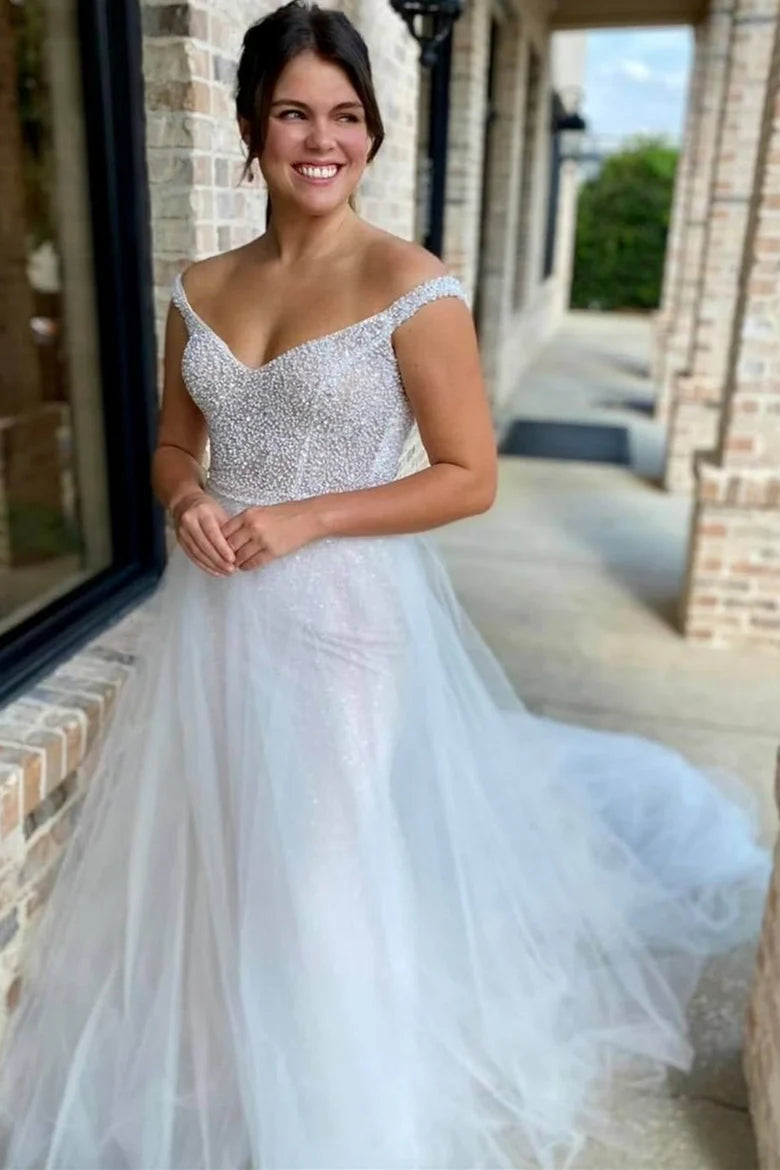 Beaded Backless Mermaid Wedding Dress with Detached Train