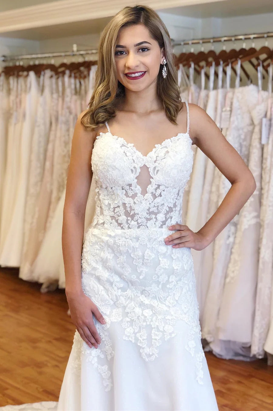 Lace Bustier Keyhole Straps Mermaid Long Wedding Dress