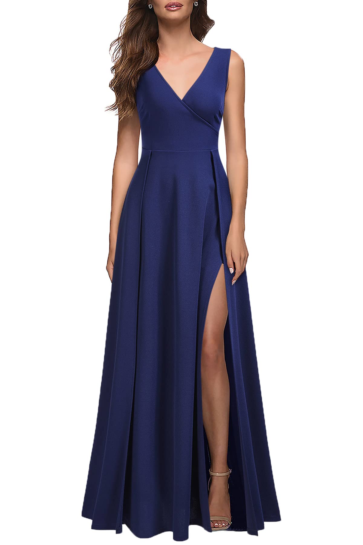 Navy Blue Women's V Neck Sleeveless Split Formal Dress Cocktail Party Prom Long Dresses