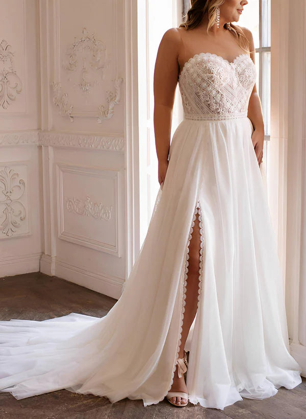 Plus Size Sweetheart Short Sleeves Sweep Train Chiffon Wedding Dresses
