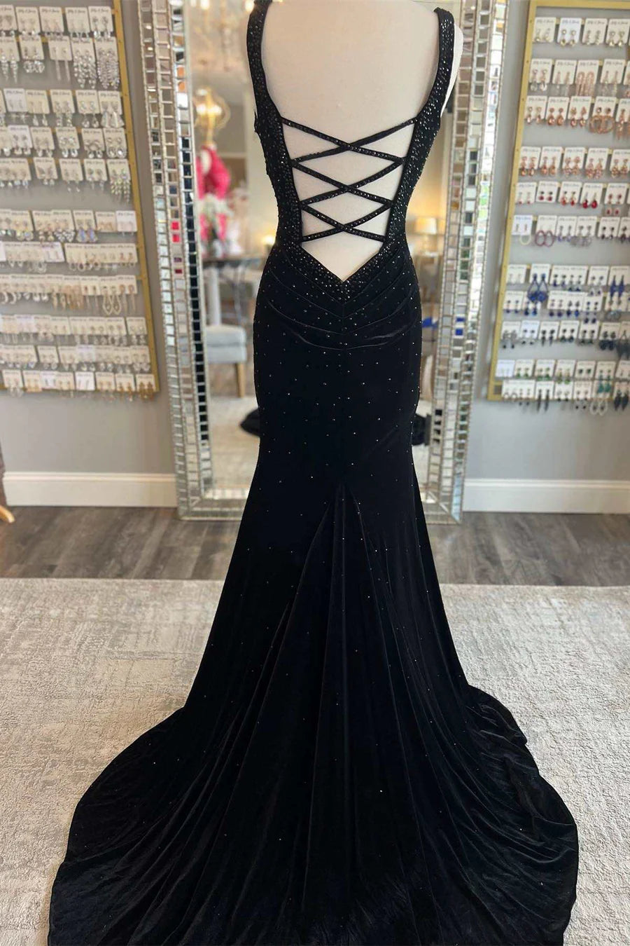 Velvet V-Neck Cutout Back Mermaid Long Formal Dress