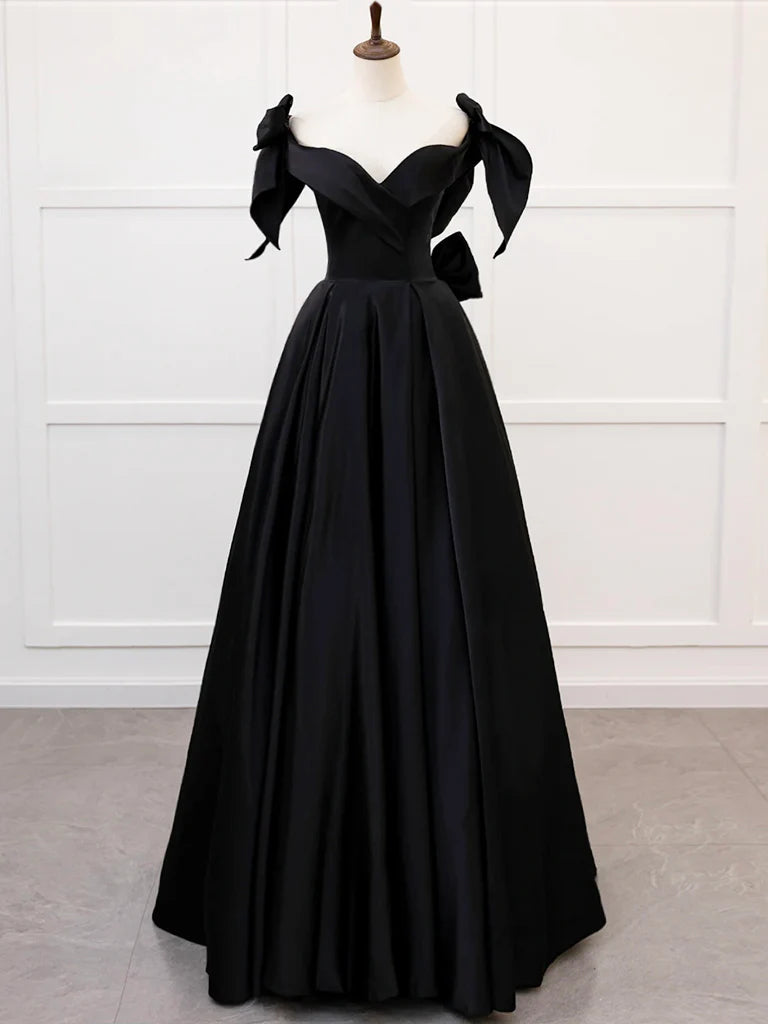 A-Line Sweetheart neck Satin Black Long Prom Dress