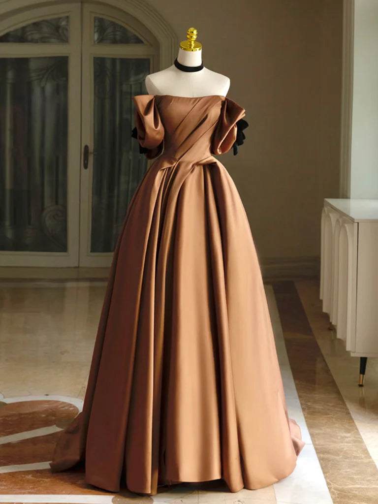 A-Line Satin Brown Long Prom Dress Brown Long Formal Dress