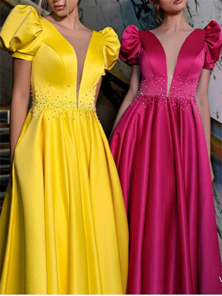 A-Line/Princess V-Neck Floor-Length Prom Dresses