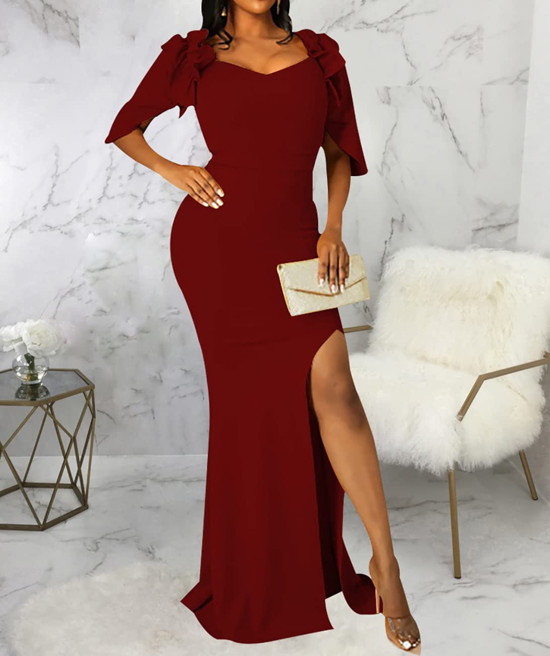 Burgundy Sexy Formal Dress for Women Ruched Off Shoulder Club Cocktail Bodycon Prom Long Dresses