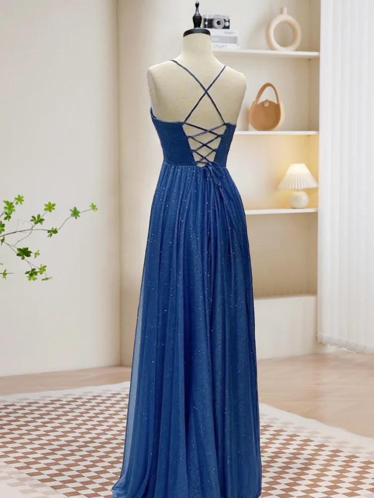 A-Line Sweetheart Neck Blue Long Prom Dress