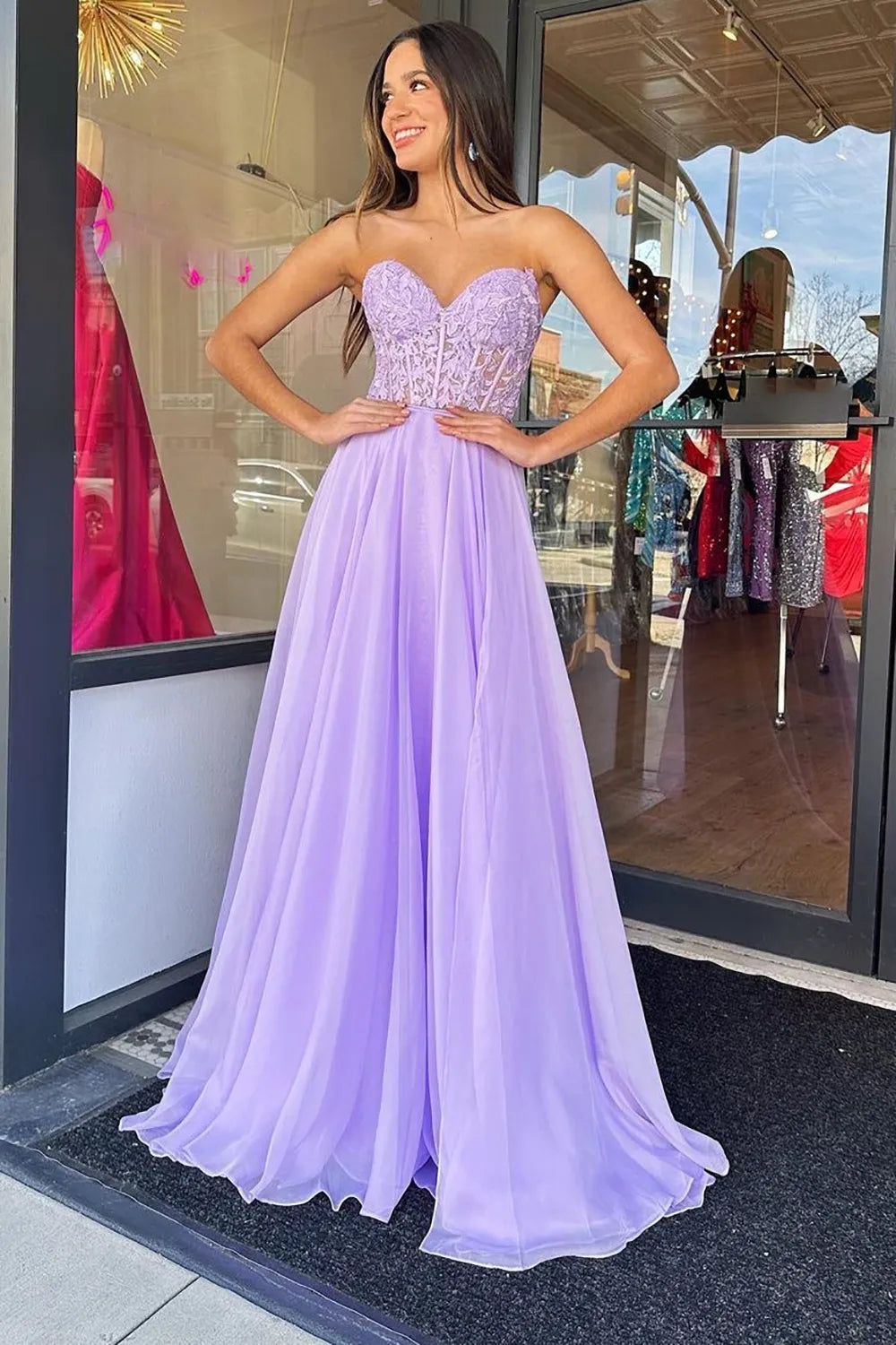 A Line Sweetheart Purple Corset Prom Dress with Appliques