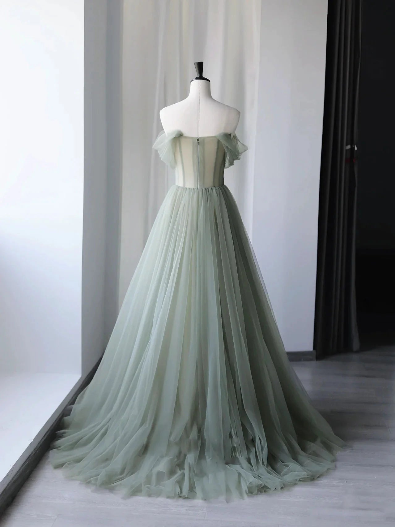 Tulle Off Shoulder Long Prom Dress Gray Green Formal Graduation Dresses