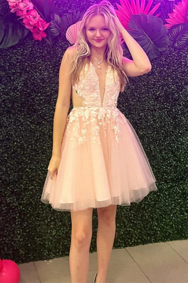 Tulle Appliques Plunge V Short Homecoming Dress