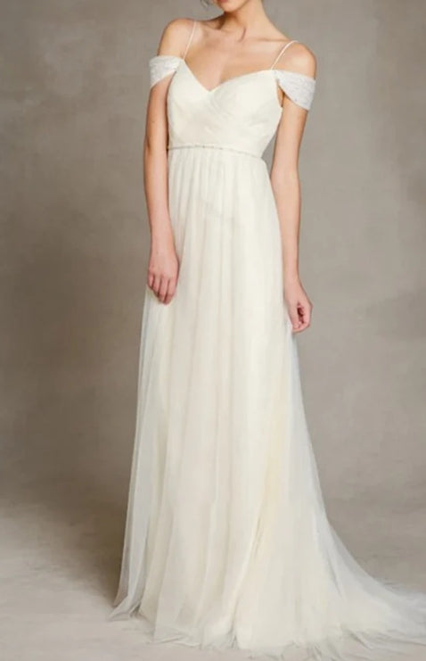 A-Line Spaghetti Straps Off-the-Shoulder Tulle Long Wedding Dress