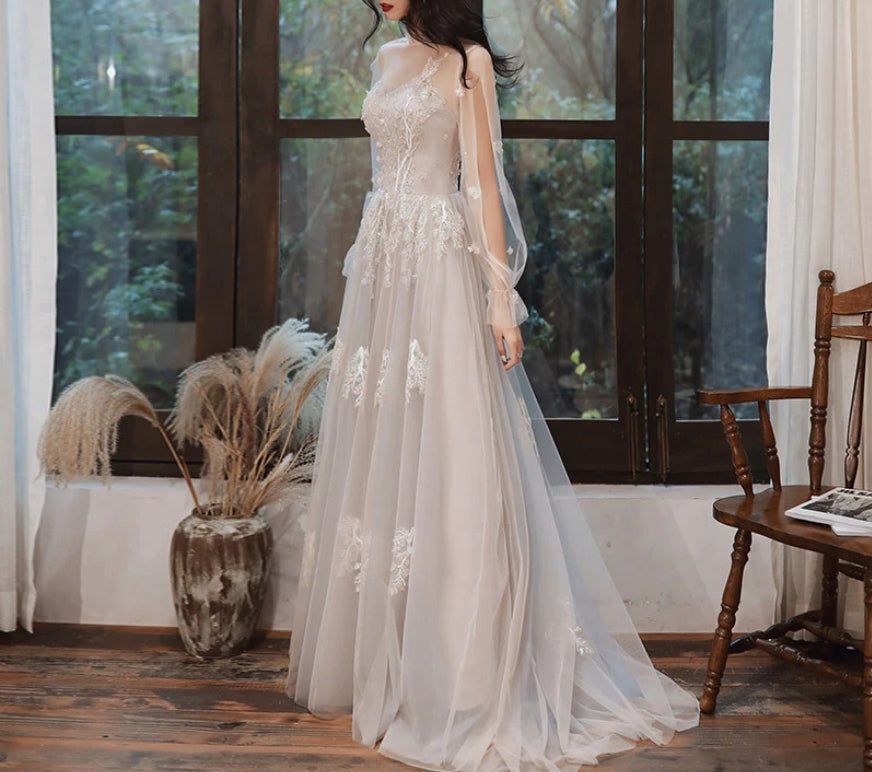 Long Sleeves Lace Tulle Wedding Dress A Line Long Prom Dress Formal Party Gown