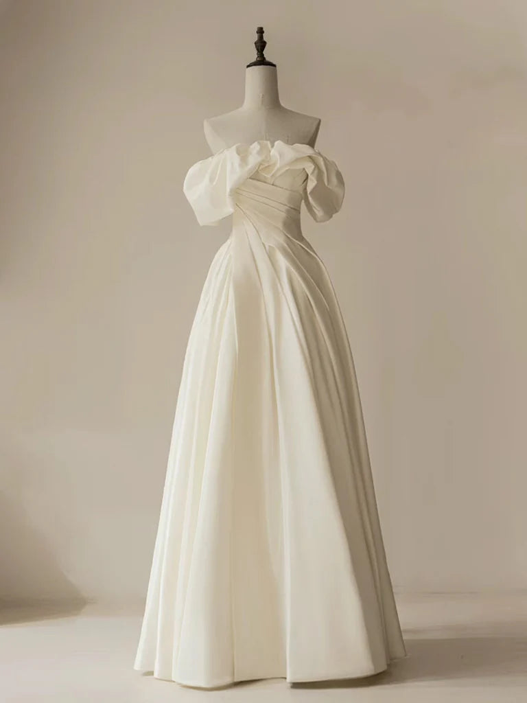 A-Line Off Shoulder Ivory Satin Long Prom Dress