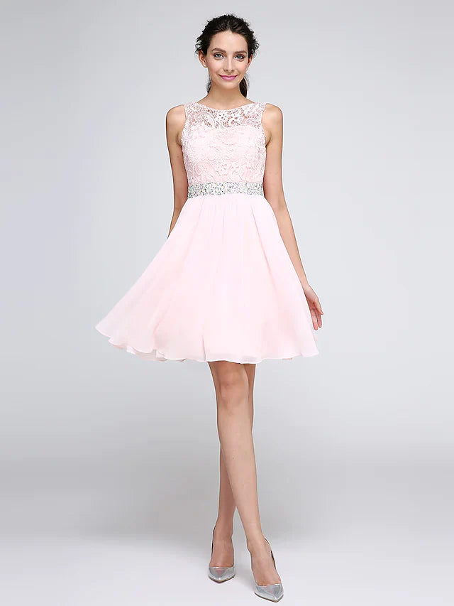 DingjiA-Line Hot Graduation Cocktail Party Dress Illusion Neck Sleeveless Short Mini Chiffon Corded Lace with Crystals