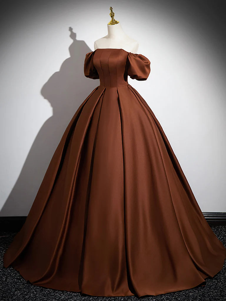 A-Line Satin Long Prom Dress Brown Long Formal Dress