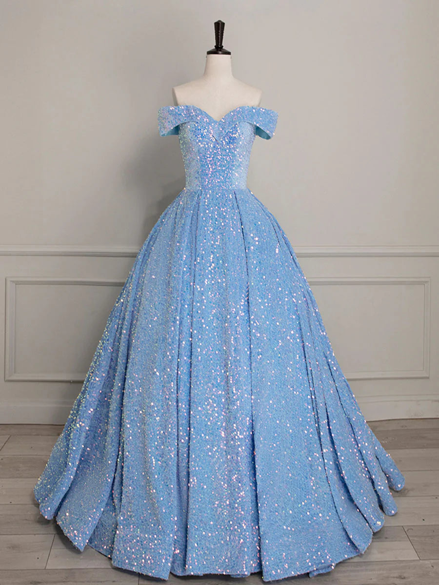 A-Line Sweetheart Neck Velvet Sequin Blue Long Prom Dress