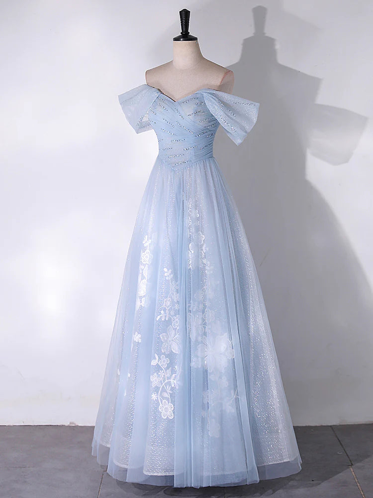 Off Shoulder Tulle Lace Blue Long Prom Dress Blue Long Formal Dress