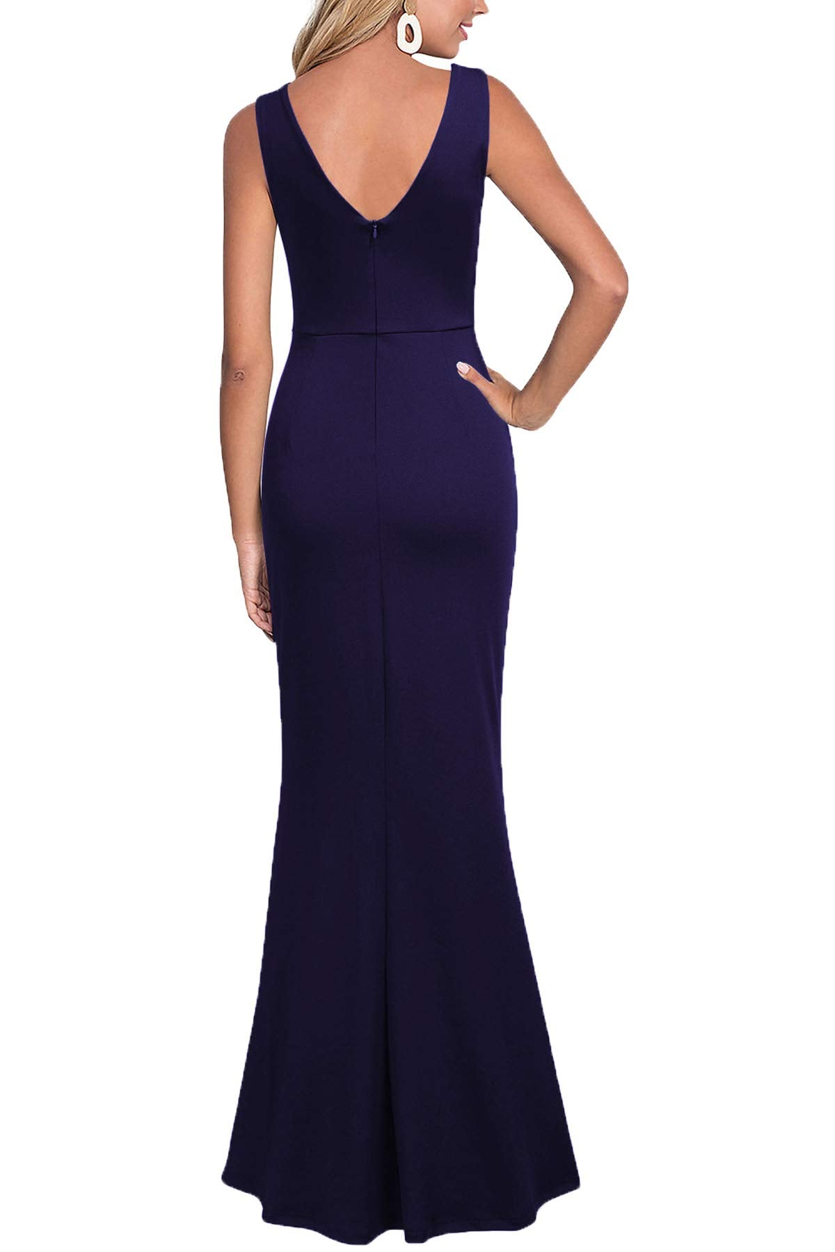 Navy Blue Women Sleeveless V Neck Split Evening Cocktail Long Prom Dress