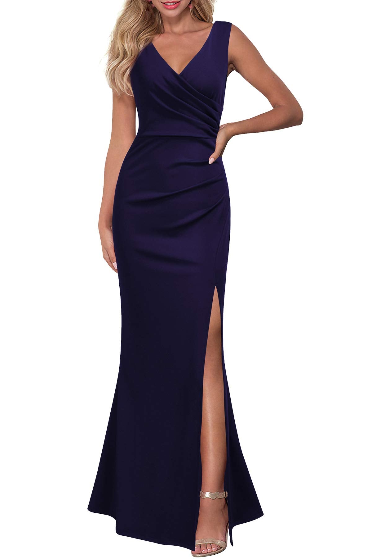 Navy Blue Women Sleeveless V Neck Split Evening Cocktail Long Prom Dress