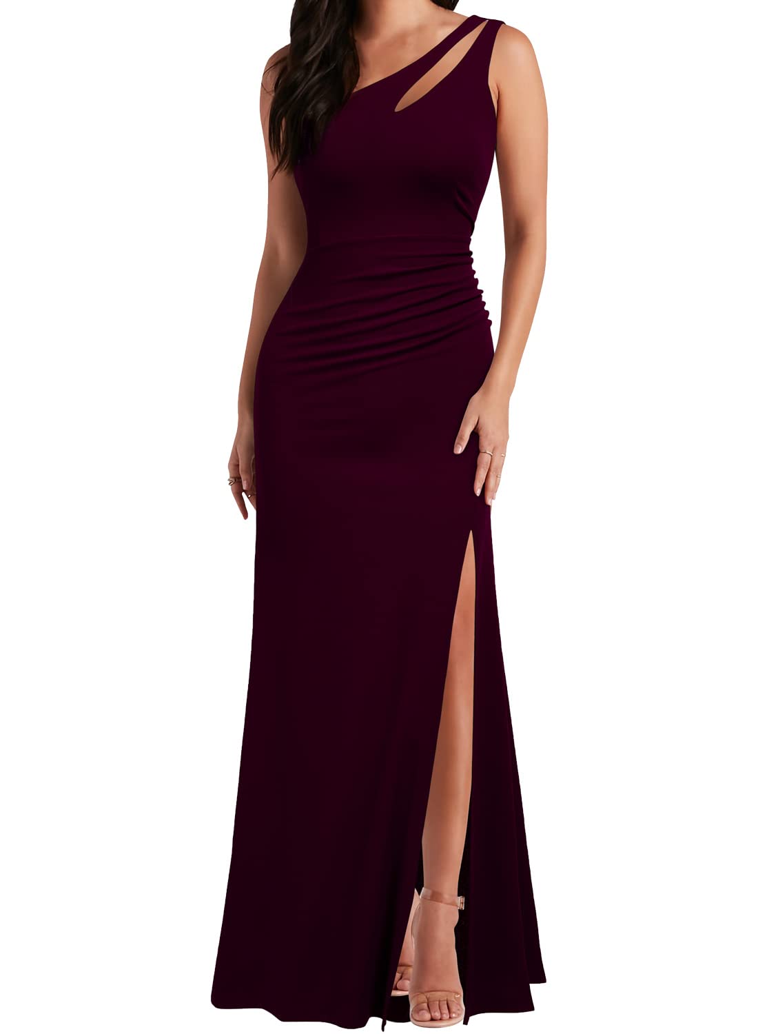 Burgundy Women's One Shoulder Sleeveless Split Bodycon Mermaid Prom Cocktail Long Dress
