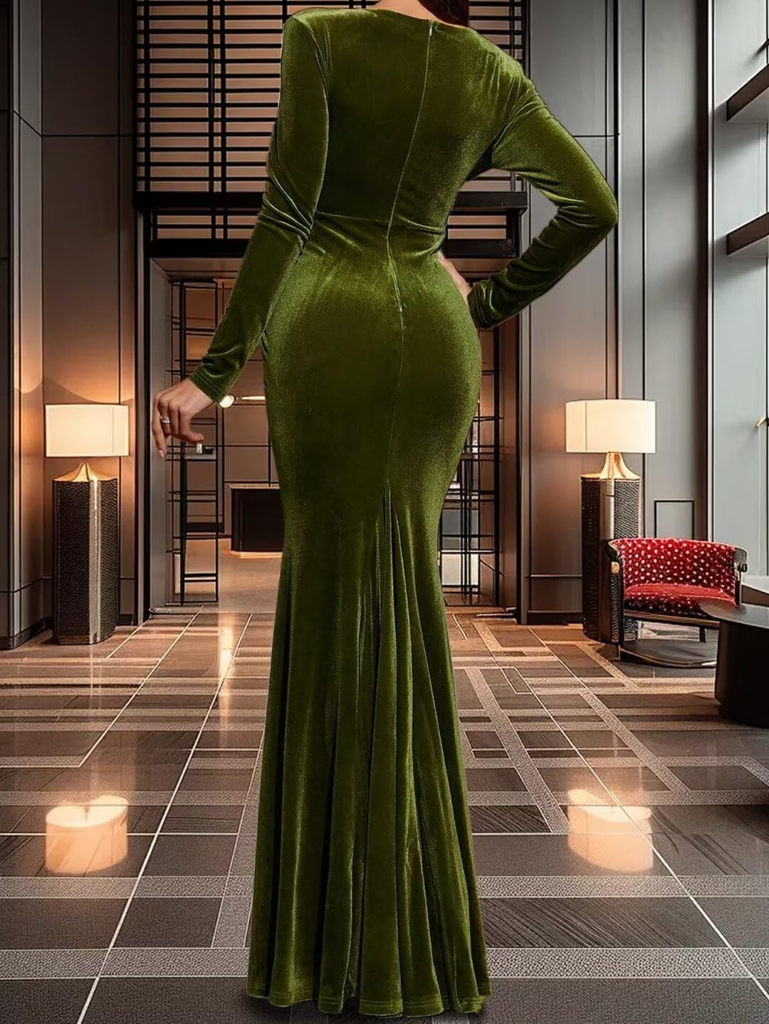 Women Formal Long Sleeves Women's Formal Prom Dresses Sexy Wrap V-Neck Mermaid Evening Party Gown