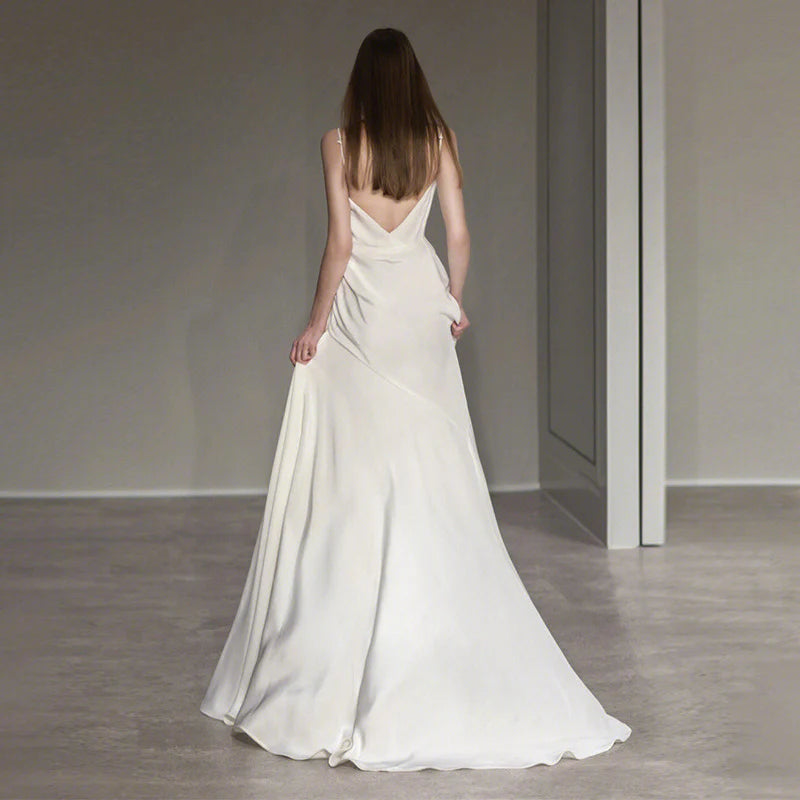 French Spaghetti Strap Long Prom Dress White Satin V back Wedding Dress