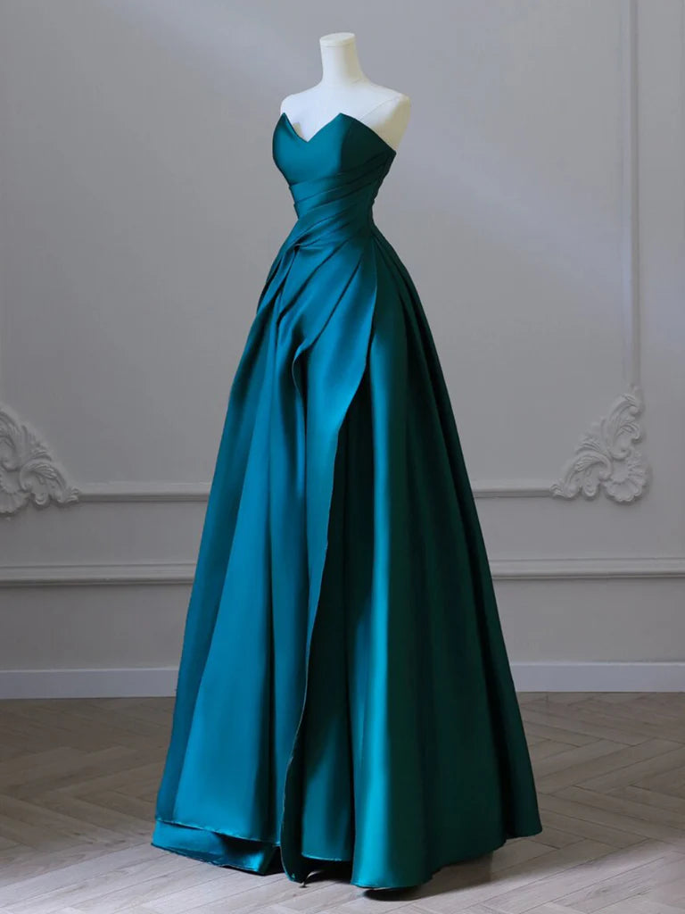 A-Line Strapless Satin Peacock Blue Long Prom Dress