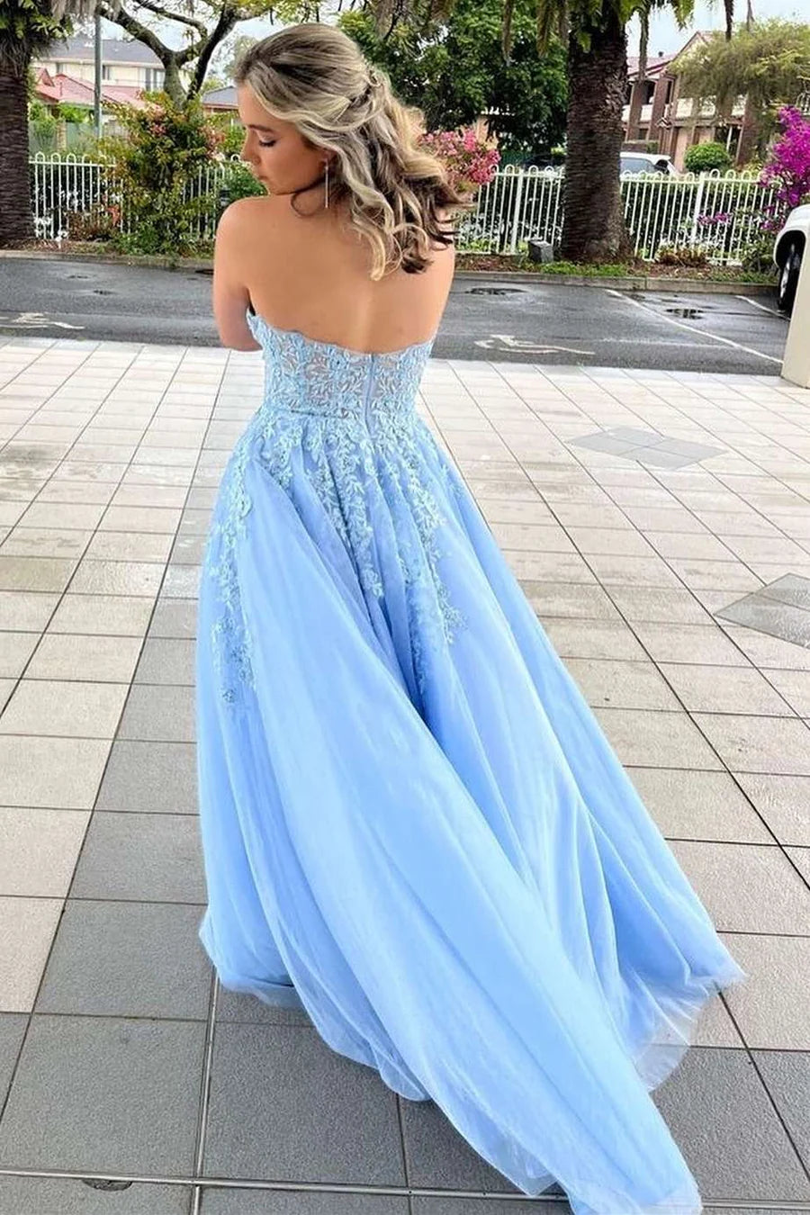 Floral Lace Strapless A-Line Prom Dress