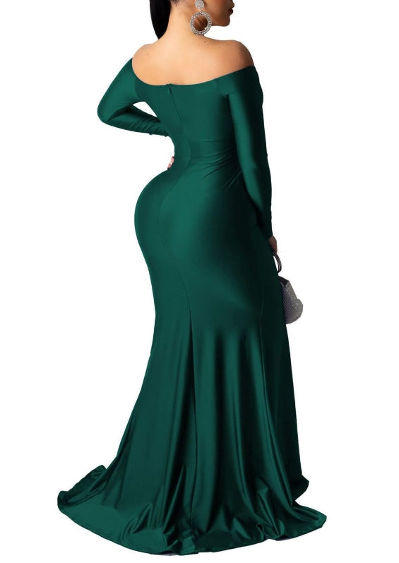 Dark Green Women Sexy Off Shoulder Prom Gowns Elegant V Neck Short Sleeve Wrap Formal High Split Wedding Guest Dress